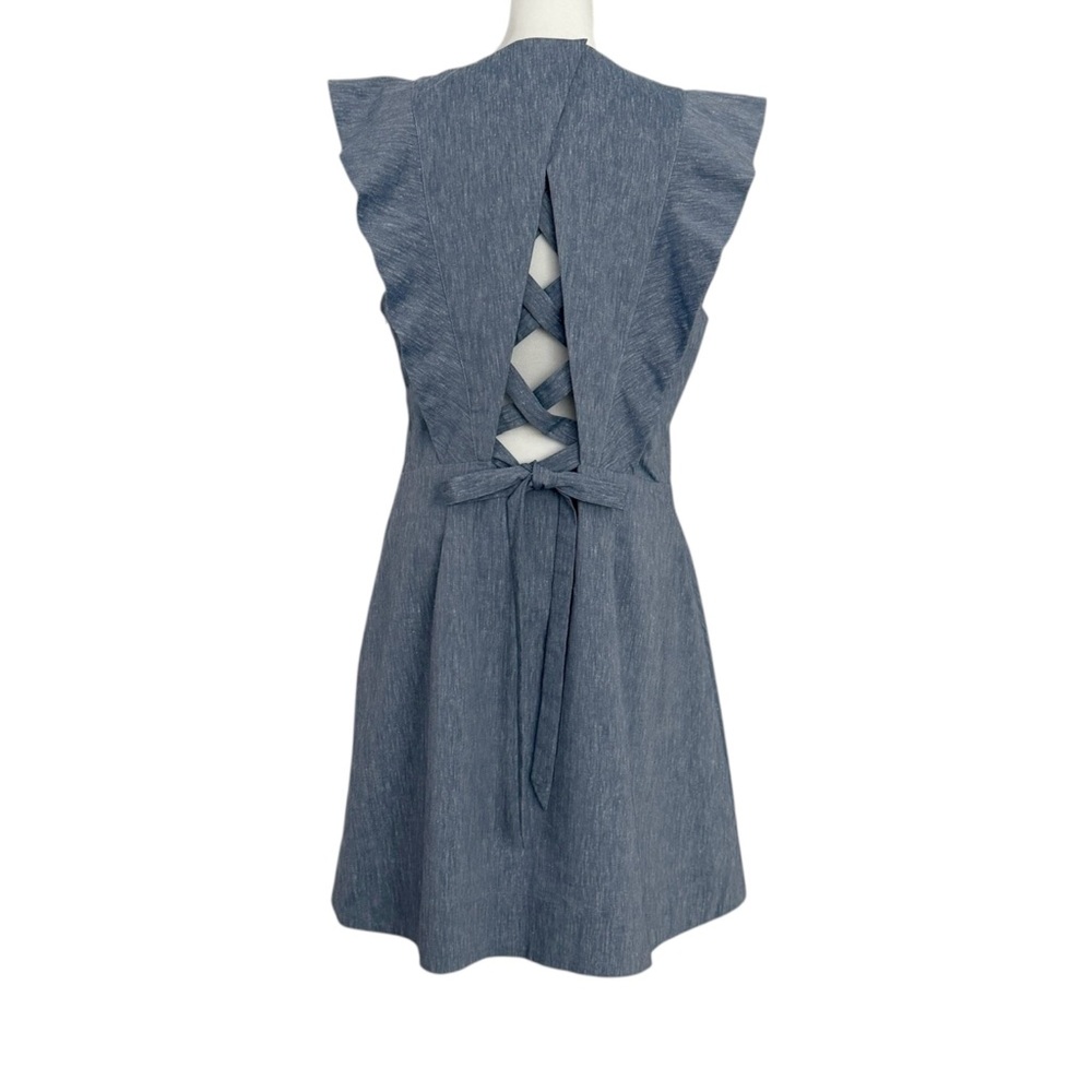 A Loves A Linen Blend Chambray Coastal Ruffle Open Back Crisscross Tie Dress 10